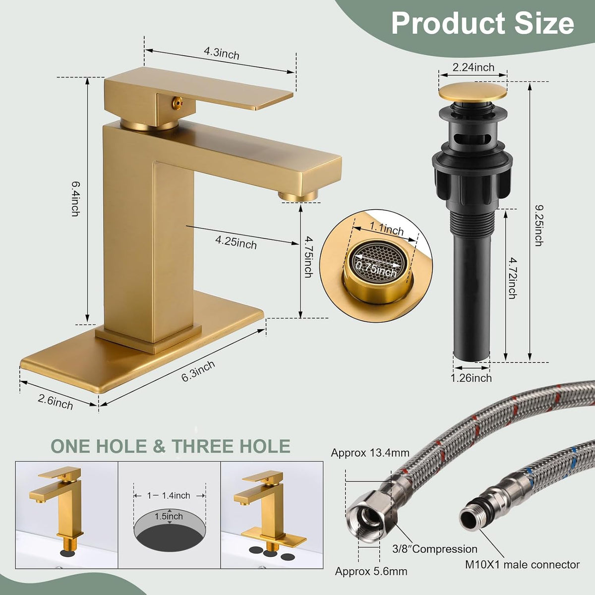 Bathroom Faucet Brushed Gold Single Handle Vessel Sink Faucet 1 Hole Modern Stainless Steel Vanity Faucet for Bathroom Sink with Pop Up Drain Stopper & Water Supply Hoses