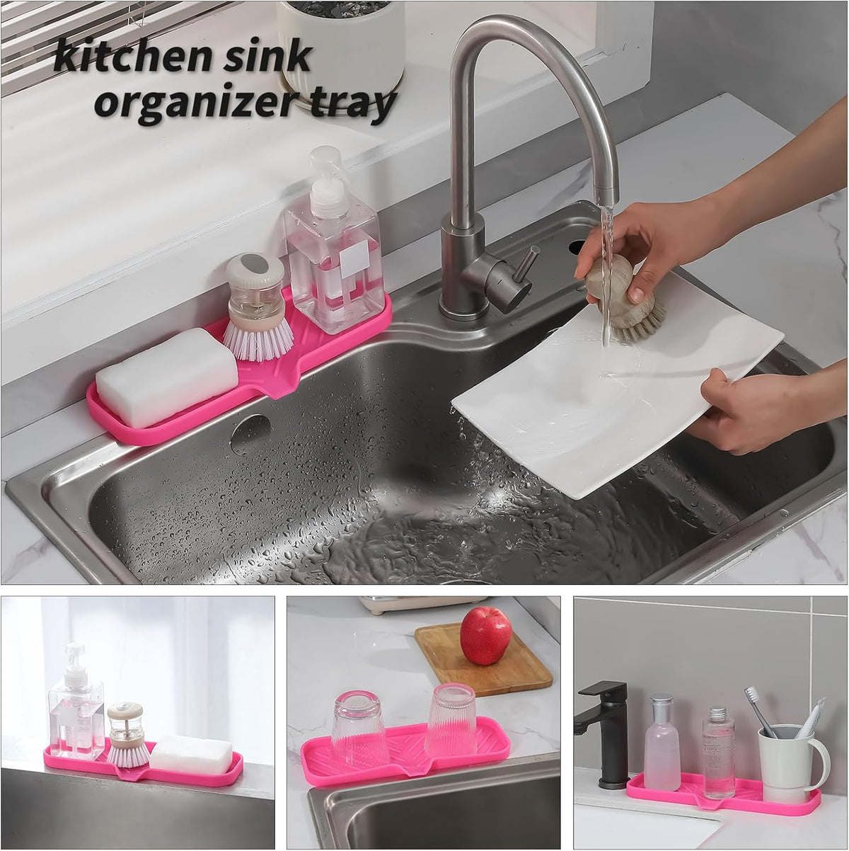 Silicone Bathroom Soap Dishes with Drain Spout-Bathroom and Kitchen Sink Organizer,Sponge Holder,Dish Soap Tray,Perfect for Dispenser,Scrubber,Bottle,Cup on Sink or Counter-Rose 12"×4"