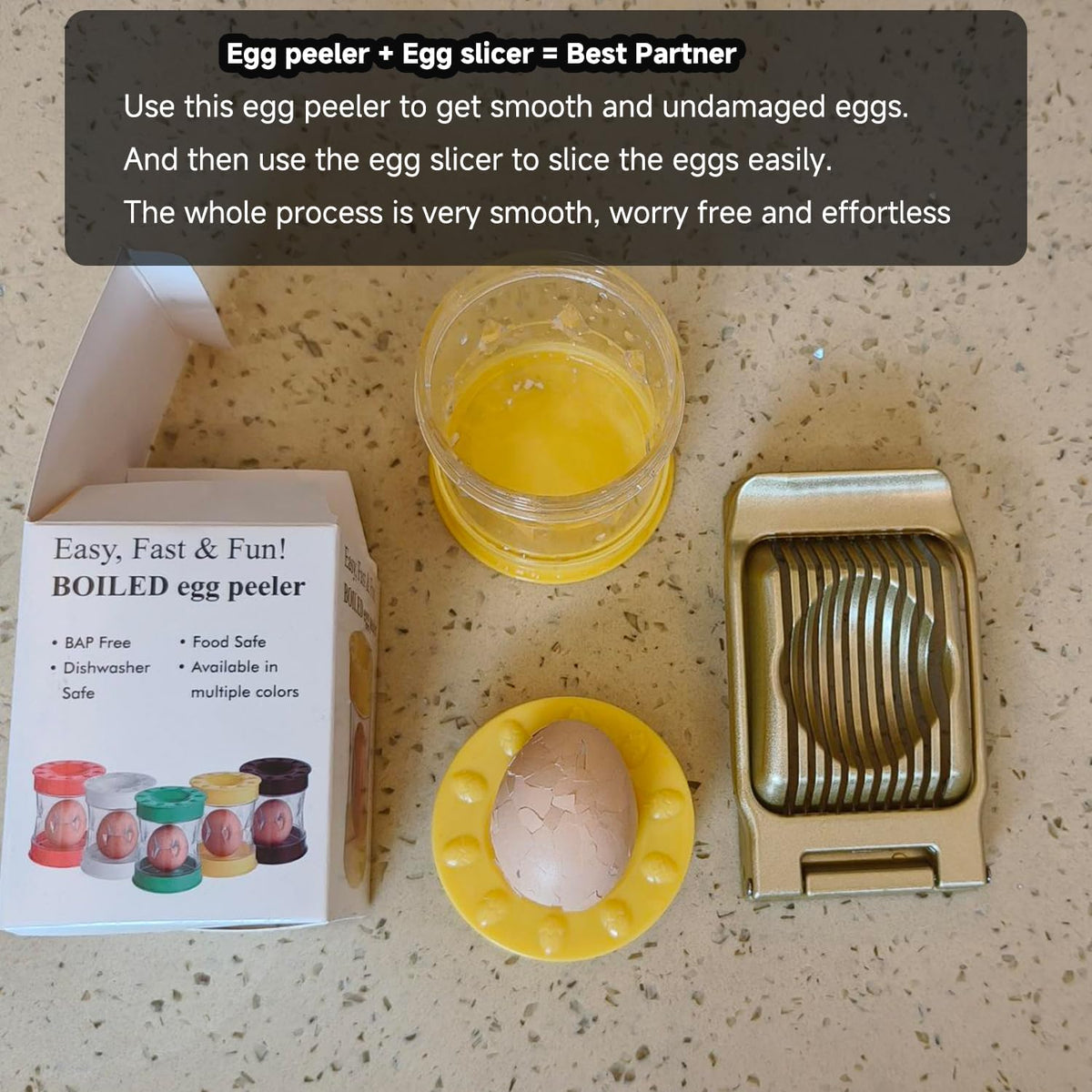Egg Slicer for Hard Boiled Eggs, Heavy Duty Metal Stainless Steel Aluminum Alloy Egg Cutter for Egg Strawberry Mushroom Hot Dog Soft Fruit Kitchen Tool (Peeler+Slicer (Yellow & Gold))