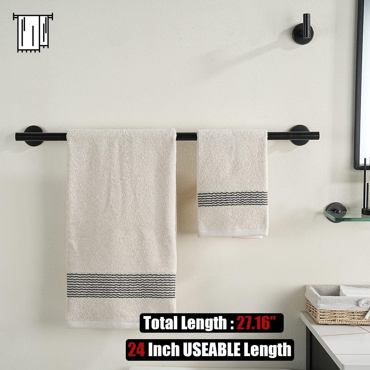 JQK Oil Rubbed Bronze Towel Bar, 27 Inch 304 Stainless Steel Thicken 0.8mm Towel Rack Bathroom, Towel Holder Wall Mount, Useable Length 24 Inch 2 Pack, TB110L24-ORB-P2