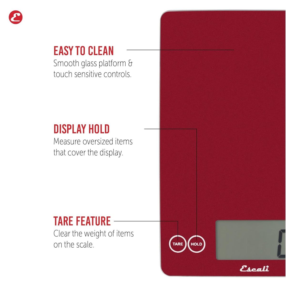 Escali Arti Glass Food Scale Digital Countertop Kitchen, Baking and Cooking Scale with Nutrition and Calorie Counter, 15-Pound Capacity, 9" x 6.5" x .75", Rio Red