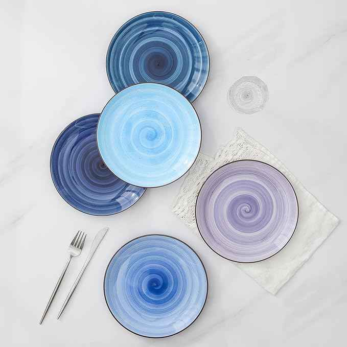 Selamica Ceramic Plates and Bowls Set, 24 Pieces Dinnerware Sets for 6, Scratch Resistant Dishes Set, Handpainted Swirl with Spot Dishwasher & Microwave Safe, Gradient Blue
