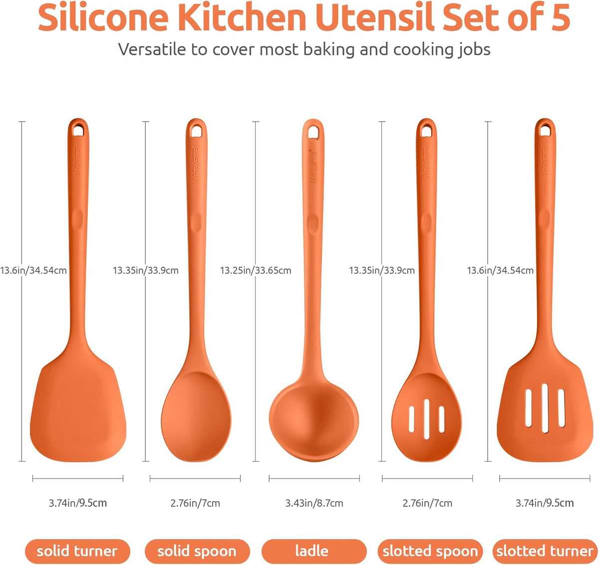 Silicone Kitchen Cooking Utensil Set: U-Taste 600ºF Heat Resistant 13.6in Extra Long Kitchen Tools, Food-Grade Non-Stick Spatula Turner Spoon Ladle for Stir Frying, Serving, Mixing (5 Pieces, Orange)