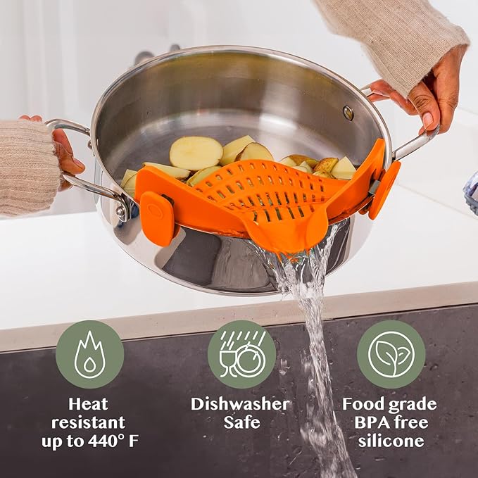 Kitchen Gizmo Snap N Strain Clip On Strainer for Pots and Pans - Adjustable Silicone Colander for Kitchen - Compact Clip-On Food Strainer for Draining Pasta and Vegetables - Orange