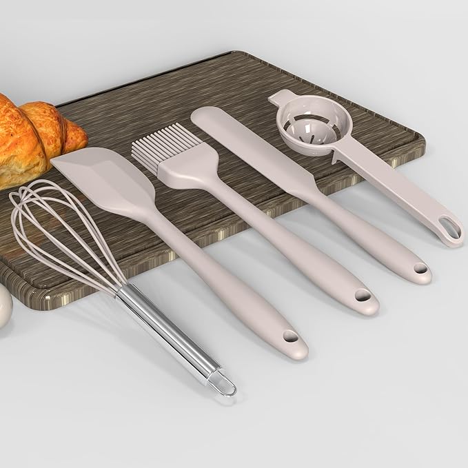 Large Silicone Cooking Utensils Set - Heat Resistant Kitchen Utensils,Turner Tongs,Spatula,Spoon,Brush,Whisk,Stainless Steel Silicone Cooking Tool for Nonstick Cookware,Dishwasher Safe (Khaki)