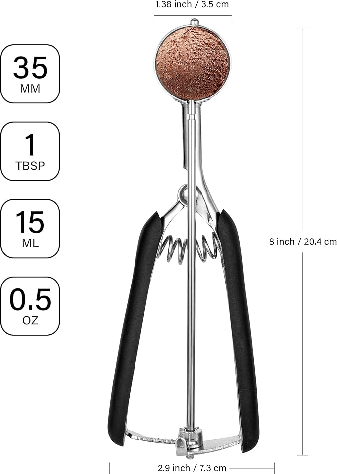 Cookie Scoop 1 Tbsp, TJ POP Professional Stainless Steel Ice Cream Scoop 35 mm, Good Soft Grips, Quick Trigger Release