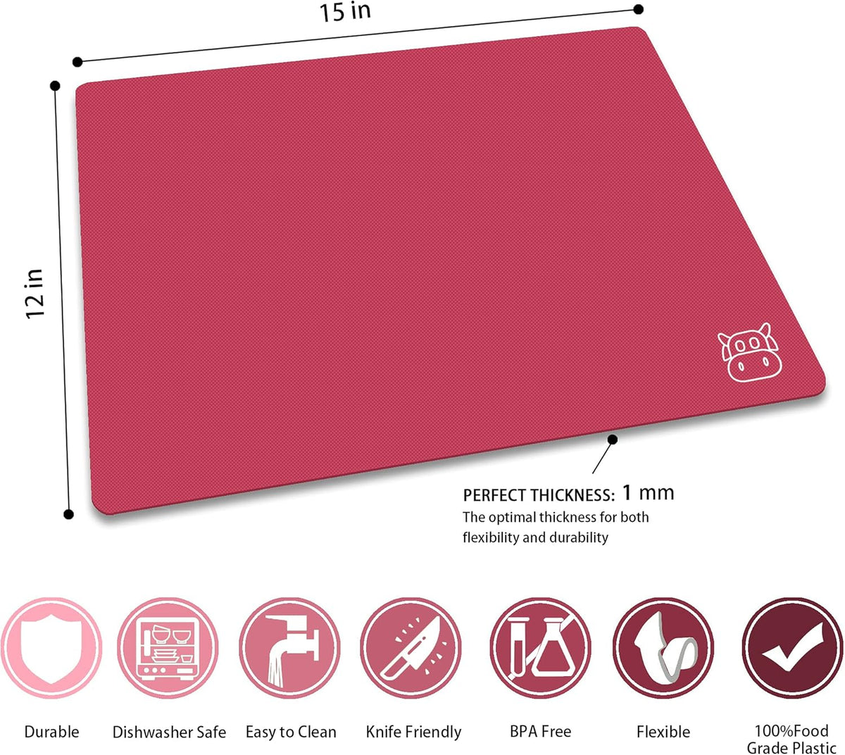 ZVP Flexible Plastic Cutting Board Set of 5 Gradient Color, Colorful Chopping Boards, BPA Free Mats, Non Slip, Dishwasher Safe, 15x12 Inch, Pink Multi-Color