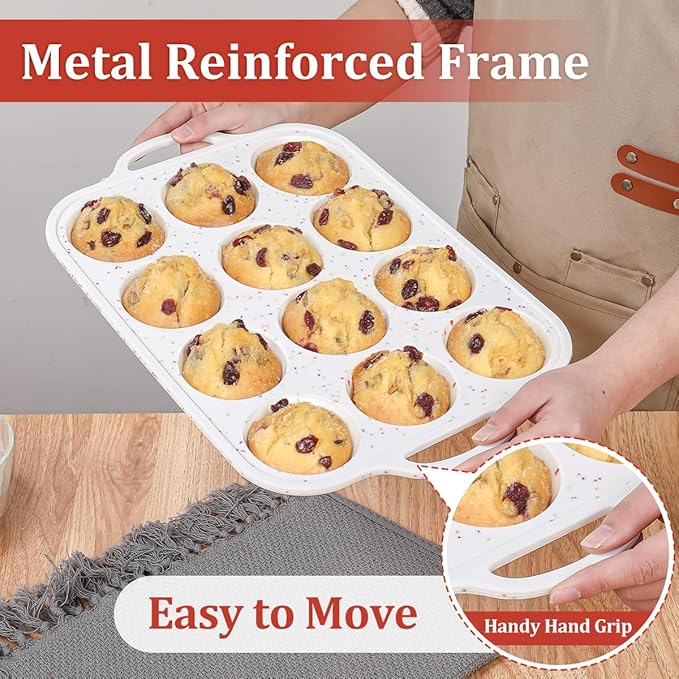 CAKETIME Silicone Muffin Pan with Metal Frame, Metal Reinforced Frame Regular Size Cupcake Pan with Handle 12 Cups Nonstick Muffin Pan for Baking BPA Free 2 Pack