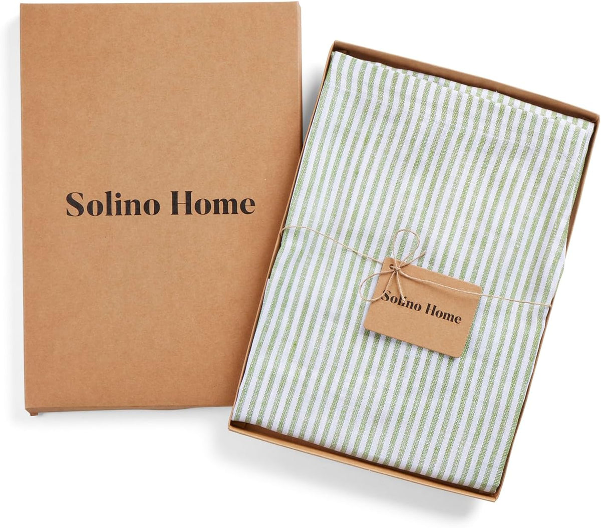 Solino Home 100% Pure Linen Apron for Women & Men - Avocado and White Stripe Full Midi Bib Apron, Adjustable Neck Strap with Center Pockets for Kitchen, Chef - Handcrafted from European Flax