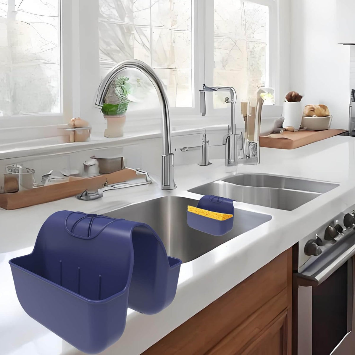 Sponge Holder for Kitchen Sink, Silicone Sink Saddle Caddy Organizer Rack, Sponges Holder Over Faucet, Hanging Kitchen Organizer Accessories Rack Basket Navy Blue