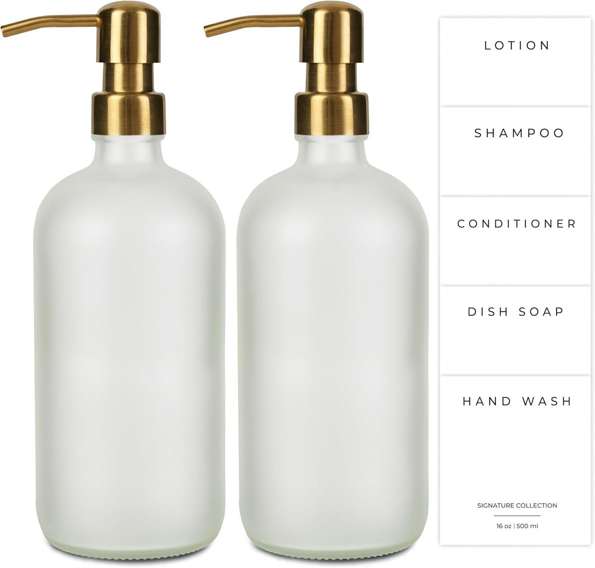 Emerson Essentials Glass Soap Bottle Dispensers, 2 Pack, Stainless-Steel Pumps Rust-Free, Hand Set for Bathroom Kitchen Sink, Liquid Lotion Shampoo Jars with 4 Waterproof Labels, 16 Oz Frost