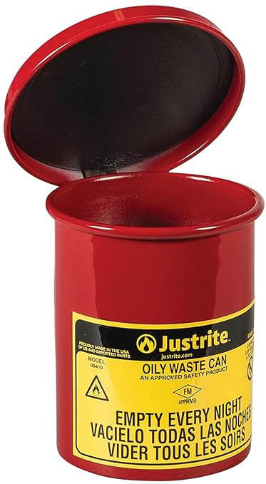Justrite 0.45 Gallon Galvanized Steel Mini Countertop Oily Waste Can, 6.5" x 4.6" Metal Oil Rag Safety Can with Quiet Hand Operated Self-Closing Lid for Oily Rag Disposal, Made in The USA, Red, 09410