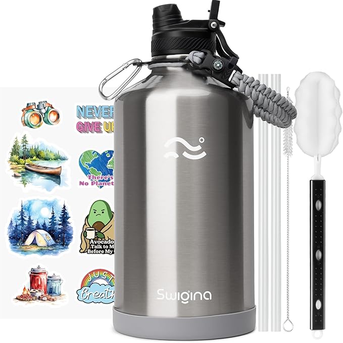 Swigina [2-IN-1 LID] Gallon Insulated Water Bottle with Silicone Boot (48hrs Cold/24hrs Hot) - DIY Stickers, Leakproof, BPA Free, 128 oz
