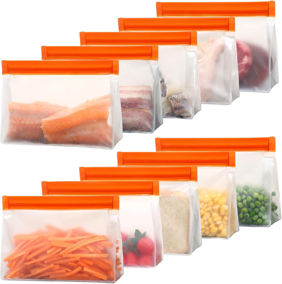 iSPECLE Reusable Bags for Food - 10 Pack Freezer Storage Bags BPA-Free with Stand-Up Bottom and Label, Easy to Get Frozen Meat, Vegetables, Fruit, Leakproof Freezer Bags Keep Food Fresh, Orange