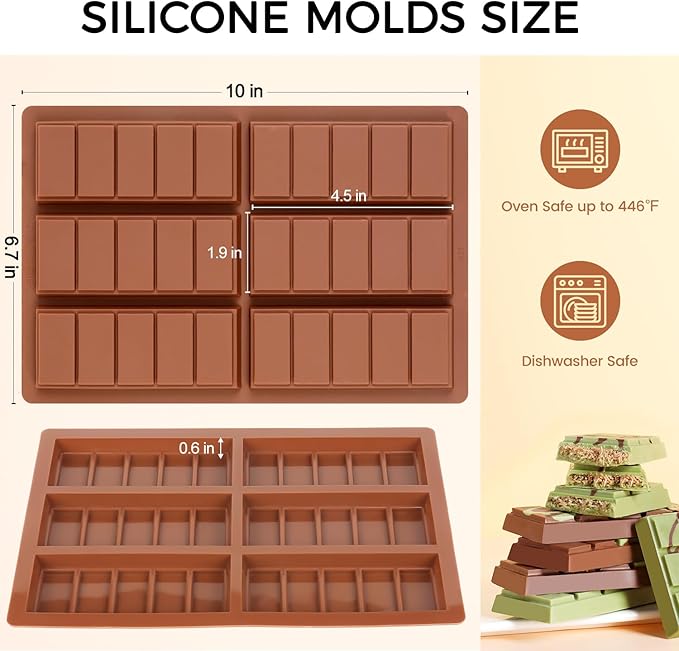 Chocolate Molds, Non-Stick Chocolate Bar Mold, Food Grade Silicone Deep Mold for Dubai Chocolate Bar Pistachio, Snacks - Set of 3
