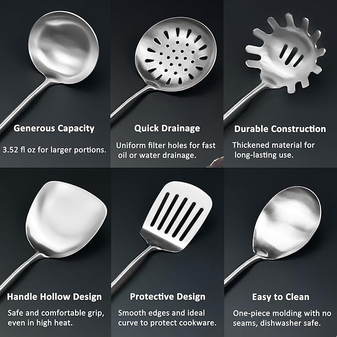 18/8 Stainless Steel Kitchen Utensils Set, 6 PCS 15in Metal Cooking Utensil Gadgets Tools Set with Spatula, Deep Ladle, spoon, Skimmer, Pasta Server, Slotted Spatula Turner, Dishwasher Safe (6Pack)