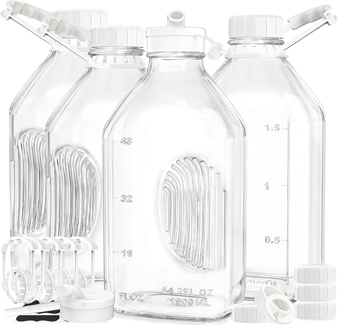 Syntic 4 Pack 2 Qt Glass Milk Bottles with Handle and Airtight Reusable Screw Lids, 1/2 Gal Glass Water & Juice Bottles with 2 Pour Spouts, 64 Oz Milk Jug Pitcher w Scale