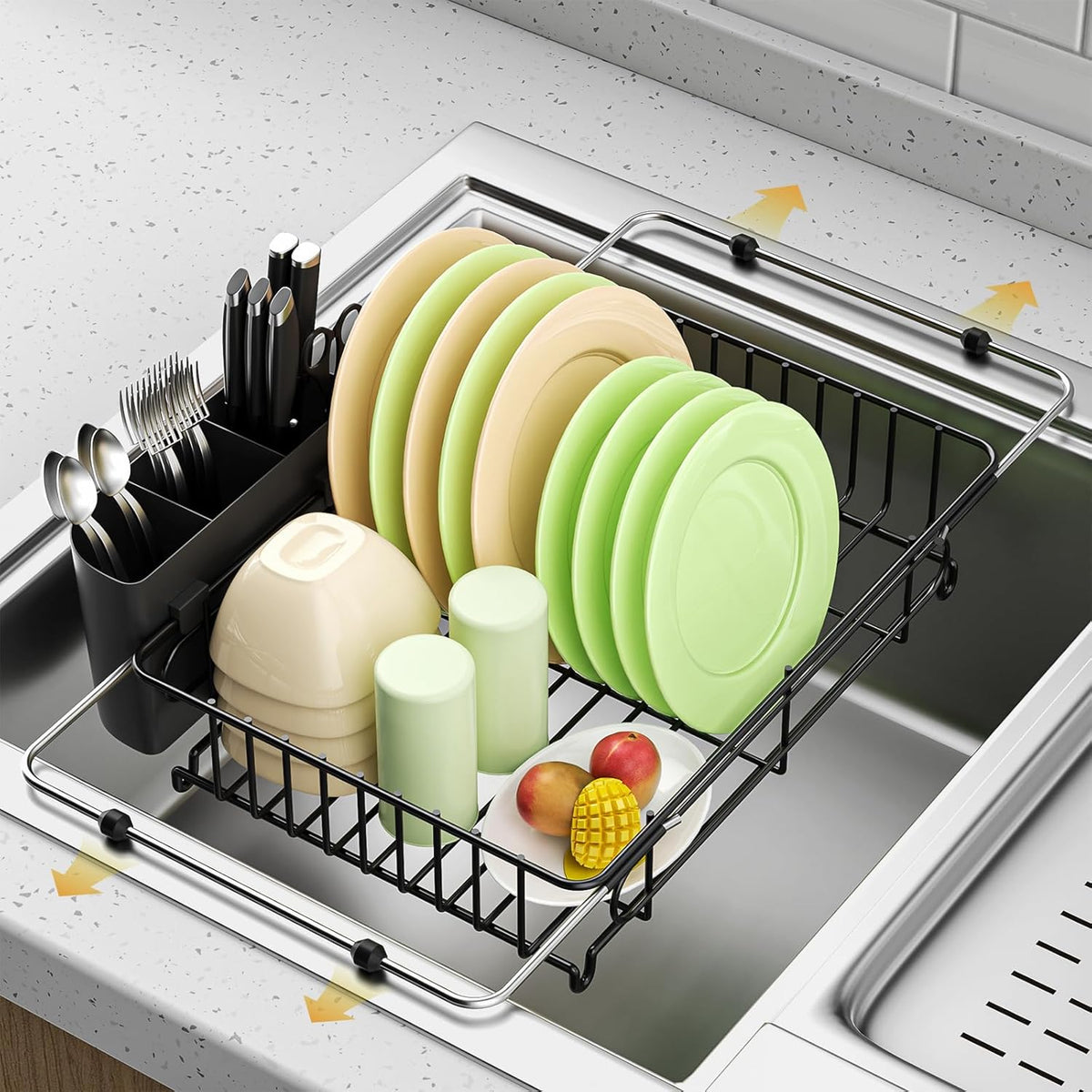 Expandable in Sink Dish Drying Rack,Small Dish Rack Over Sink with Utensil Holder,Stainless Steel Dish Drainers for Kitchen Counter,Sink Drying Rack for Small Space,14.5“-20.5” L x 10“ W x 3.5” H