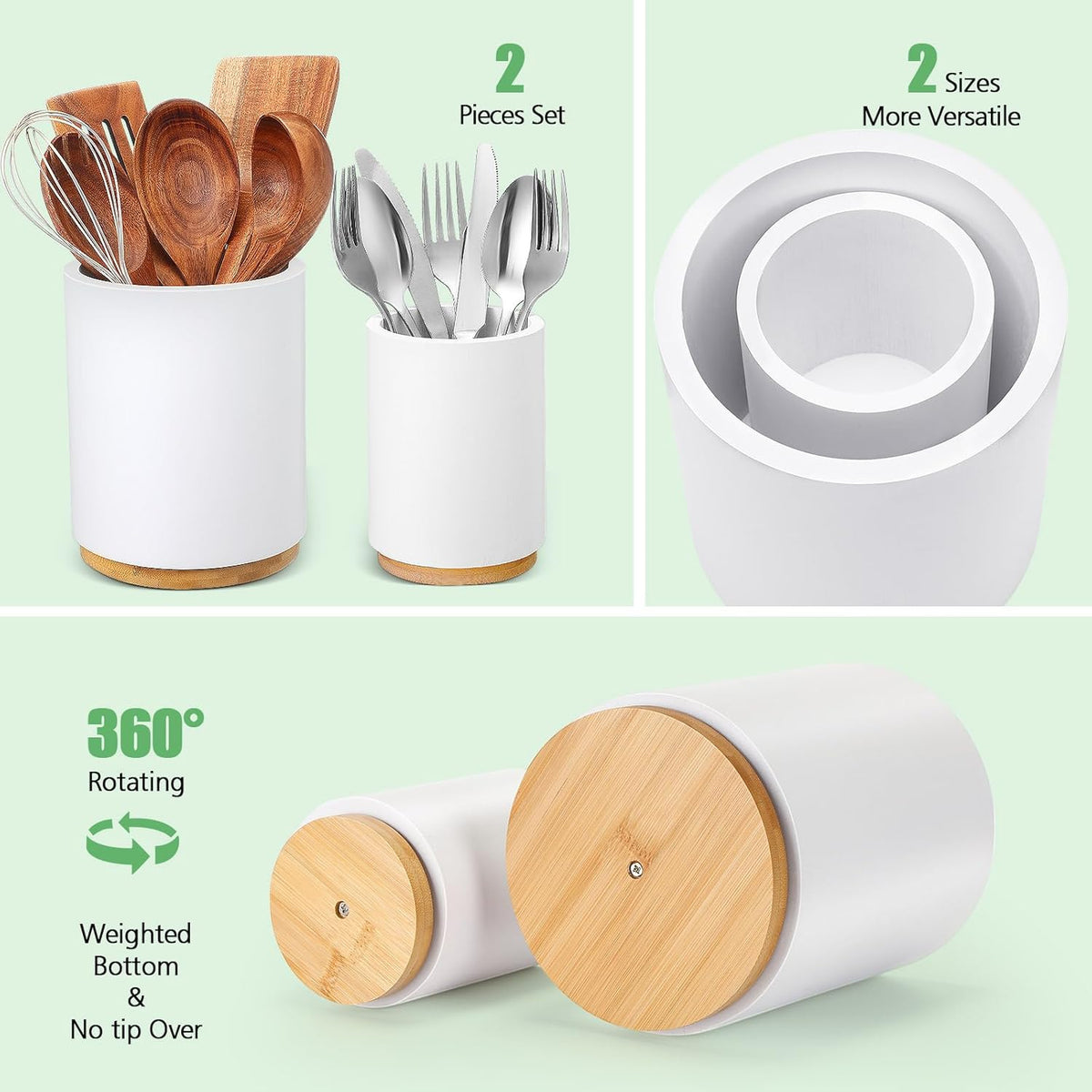 2 Pack Wooden Utensil Holder, 360°Rotating Kitchen Cooking Utensil Crock, Spoon Spatula Holder for Kitchen Counter, Farmhouse Countertop Organizer(White,Round)