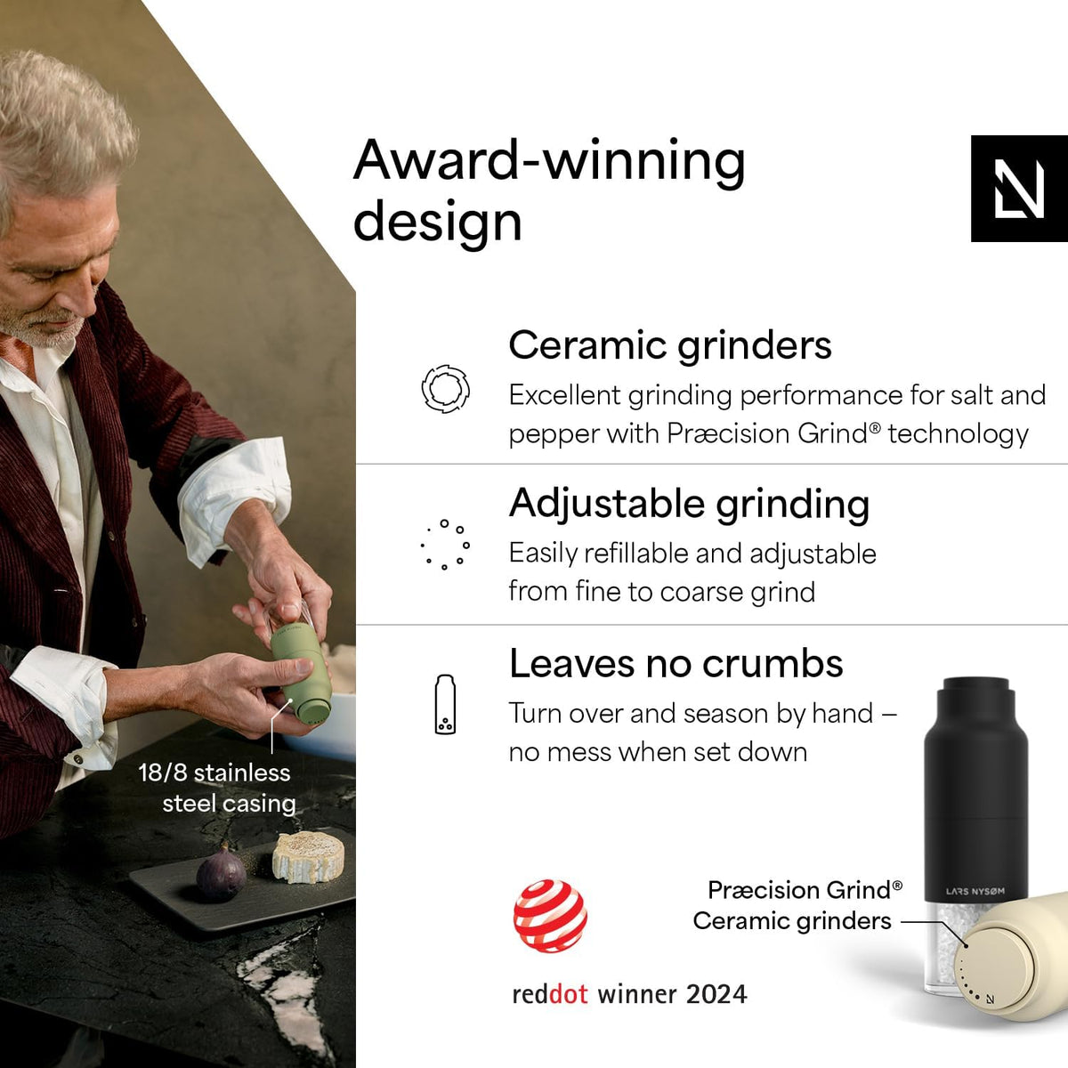 LARS NYSØM Salt and Pepper Grinder Set, Stainless Steel Manual Salt and Pepper Mills, Adjustable Ceramic Grinder, Design Spice Shakers (Black/Beige)