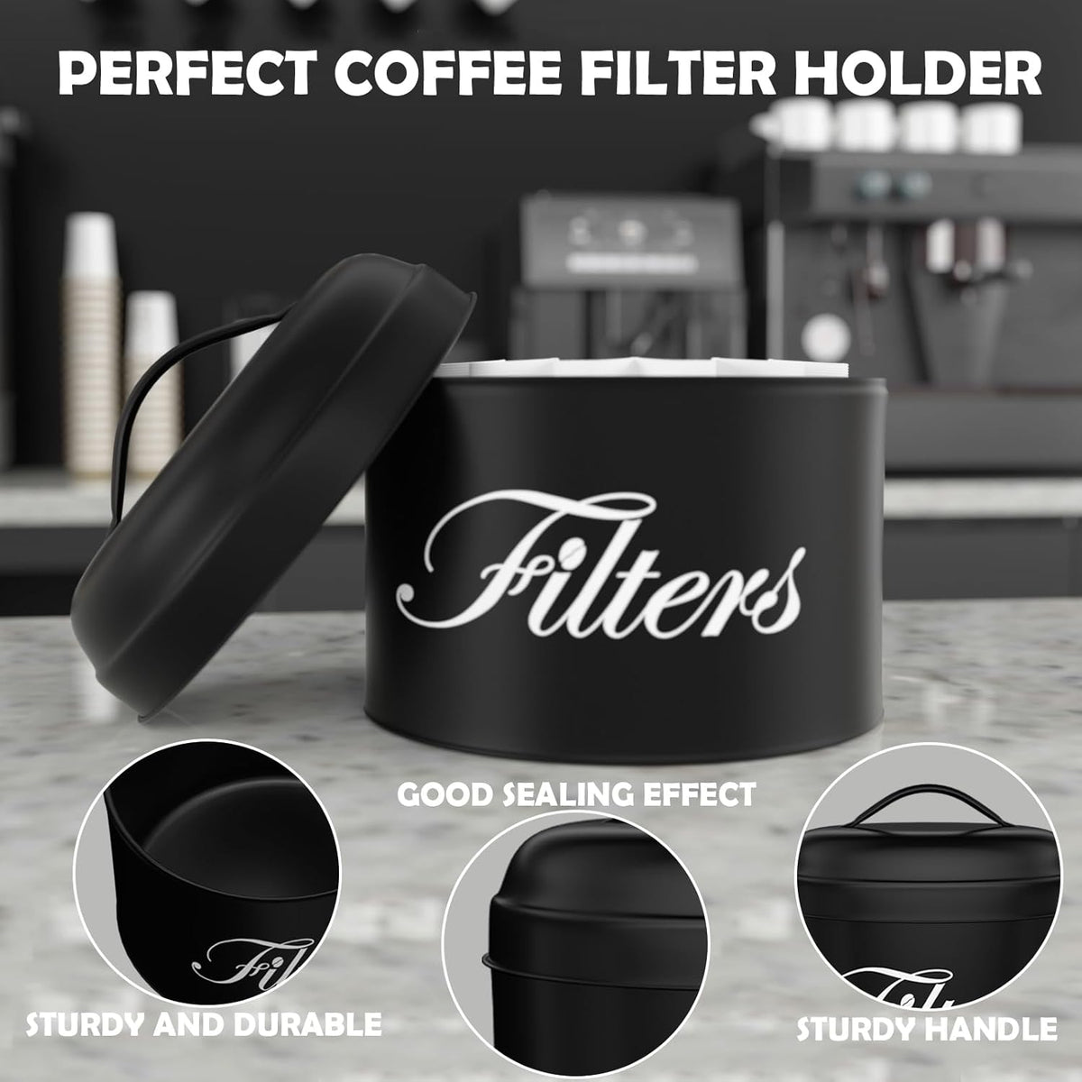 Black Basket Coffee Filter Holder With Lid - Round Container for Counter Storage - Rustic Farmhouse Bar Accessories Decor