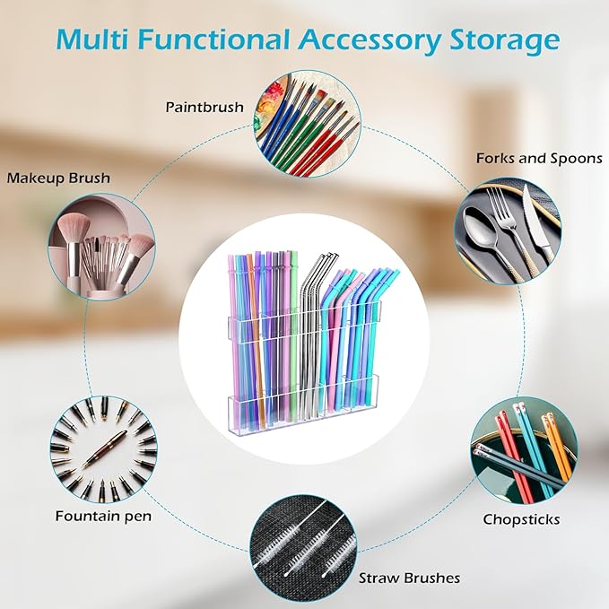 9.5" Large Acrylic Straw Holder for Cabinet Door – Kitchen Cabinets Straws Organizer, Reusable Tumbler, Small Kitchens Accessories Storage Container (Transparent)