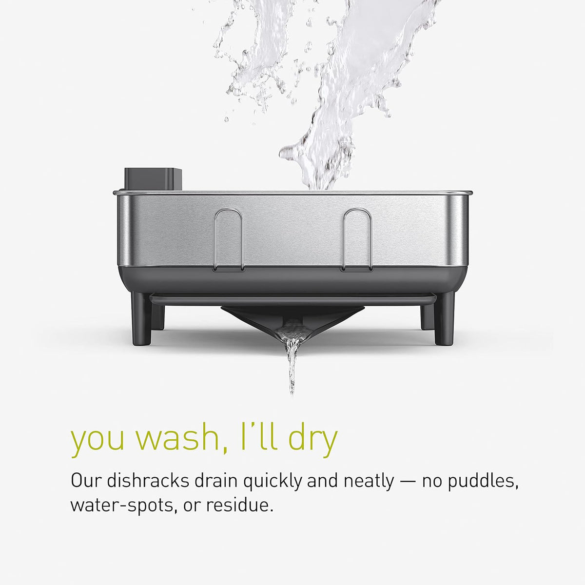 simplehuman Compact Dish Drying Rack with Stainless Steel Frame, 360º Easy Drain Swivel Spout, Utensil Holder, Anti-Residue Coating, Moisture Control Surface, Grey
