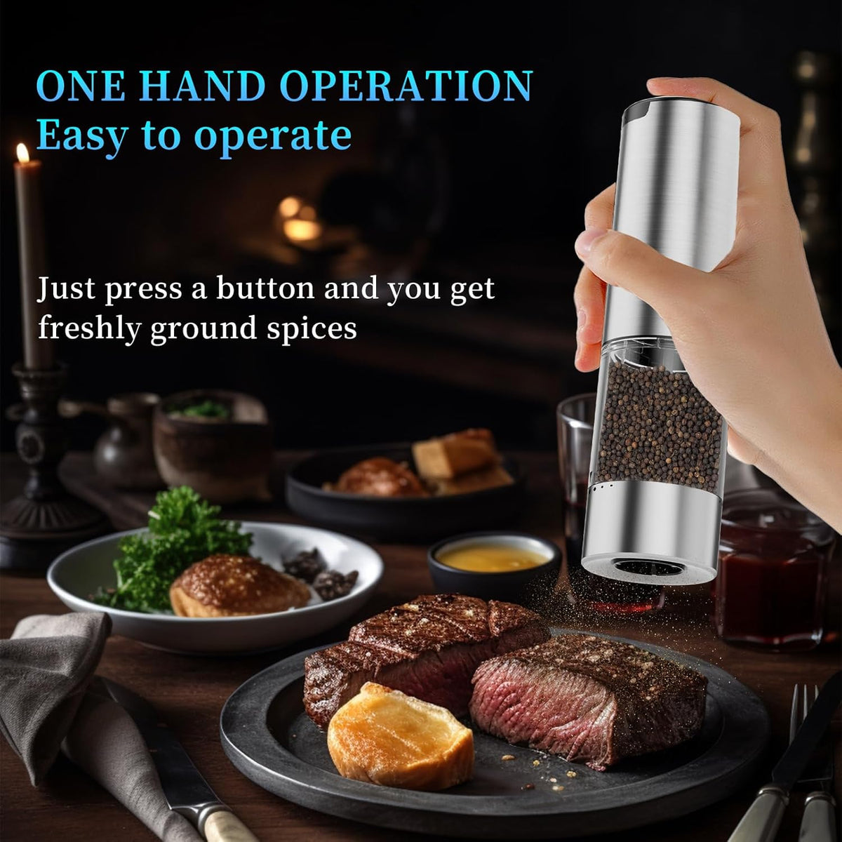 Electric Salt and Pepper Grinder Set Type-C Fast Charging, Automatic Salt and Pepper Shakers Adjustable Coarseness, Stainless Steel Rechargeable Salt and Pepper Grinder with LED Light