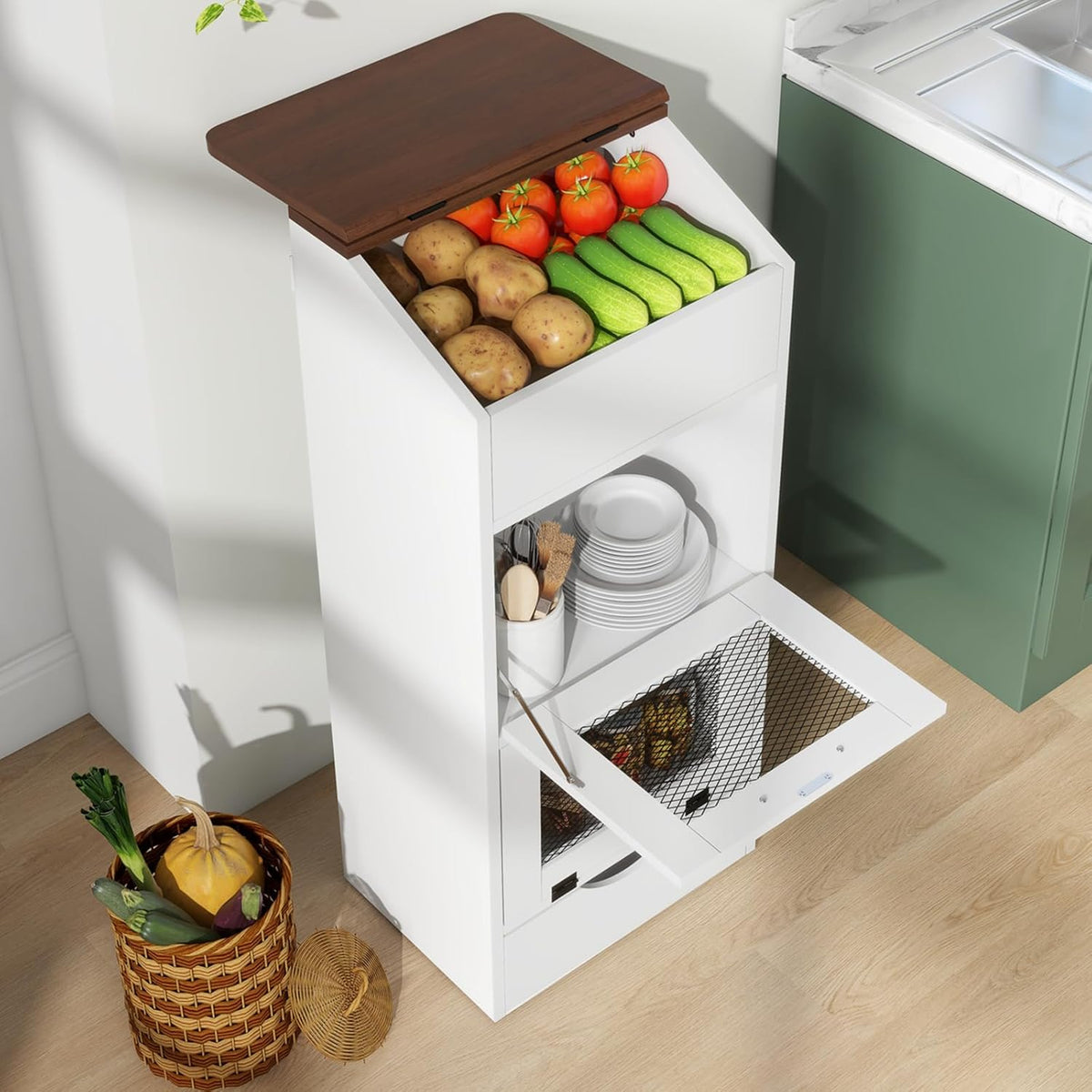Patiorama Wood Potato and Onion Storage Bin Box with Lid, 4-Tier Farmhouse Wooden Bread Box Cabinet with 2 Mesh Doors & Rolling Drawer, Large Vegetable Storage Bin Organizer for Kitchen Pantry White