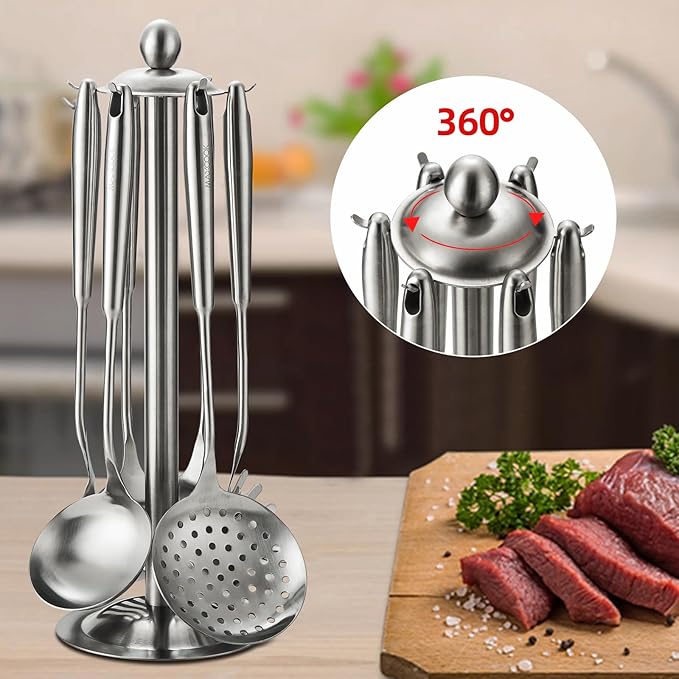 Cooking Utensils set, 18/8 Stainless Steel Kitchen Utensils set, 7 Pieces Cookware Set with Rotating Holder, Heat Resistant Stainless Steel Cooking Spoon(Dishwasher Safe)