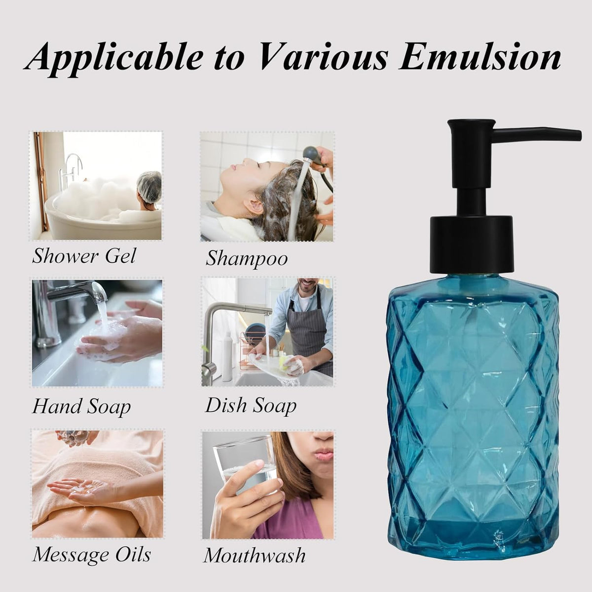 12Oz Small Glass Soap Dispenser with Black Plastic Pump, Blue Refillable Kitchen Countertop Liquid Hand Soap Dispensers with Diamond Design, Crystal Bathroom Lotion Bottle for Dispense Dish Soap