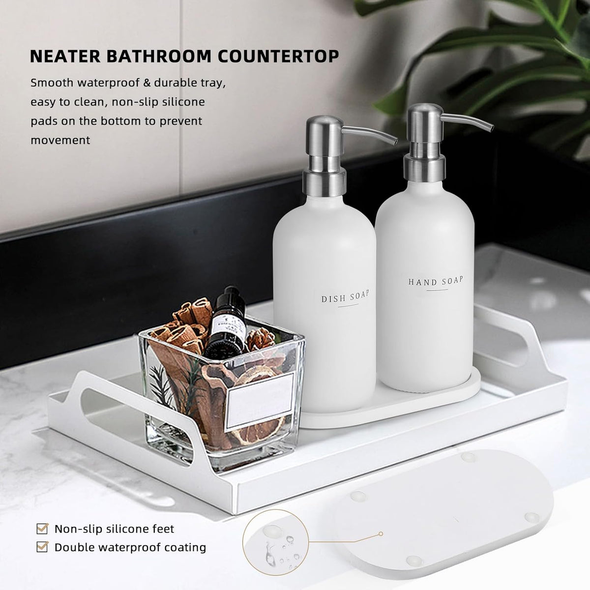 Glass Soap Dispenser - Dish Soap Dispenser for Kitchen and Hand Soap Dispenser Set, Bathroom Soap Dispenser with 304 Rust Proof Pump, Soap Dispenser for Kitchen with Tray, White Bottle/Silver Pump