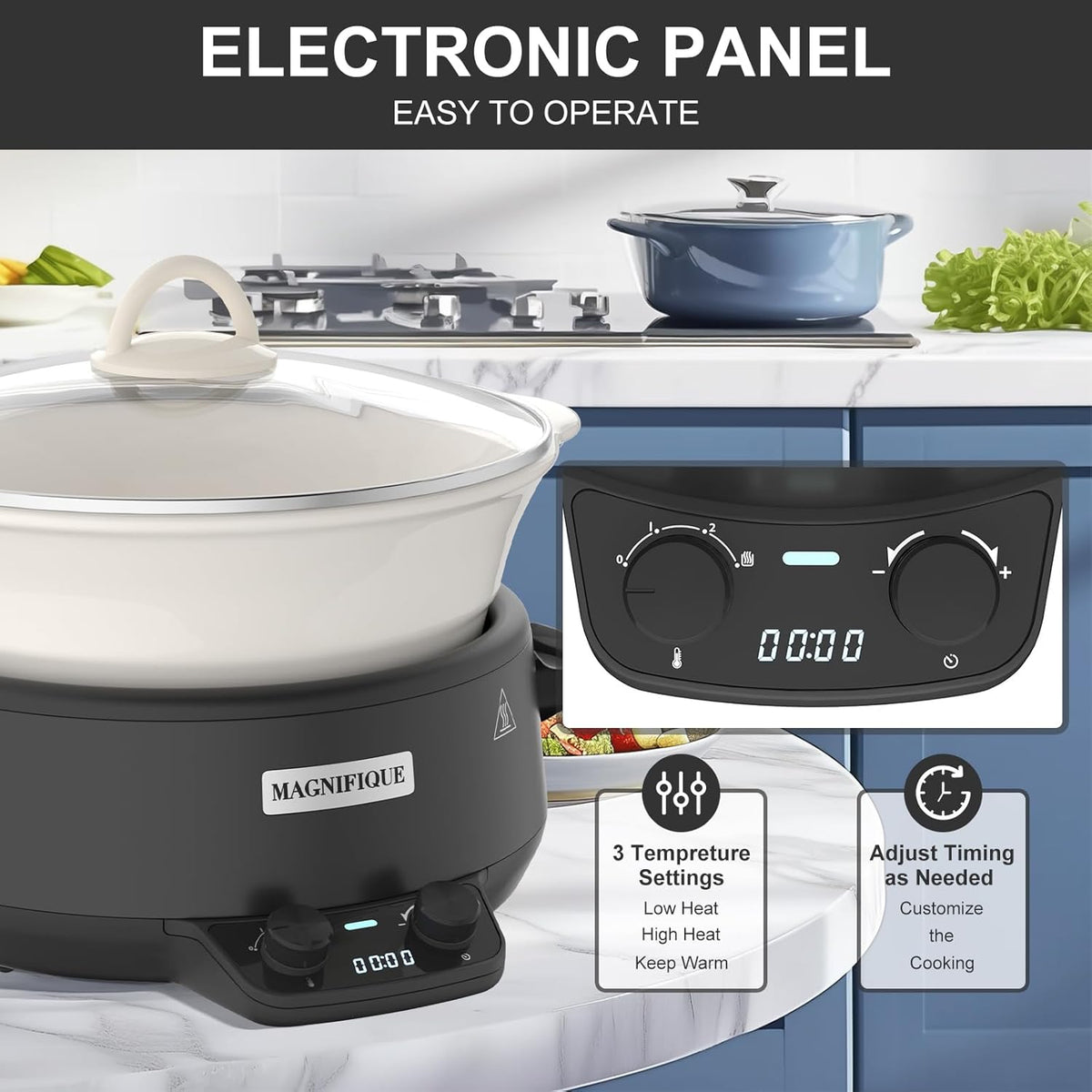 MAGNIFIQUE 5 Quart Programmable Slow Cooker with Auto Warm Setting, Glazed Ceramic Liner, Kitchen Small Appliance for Family Dinners, Black