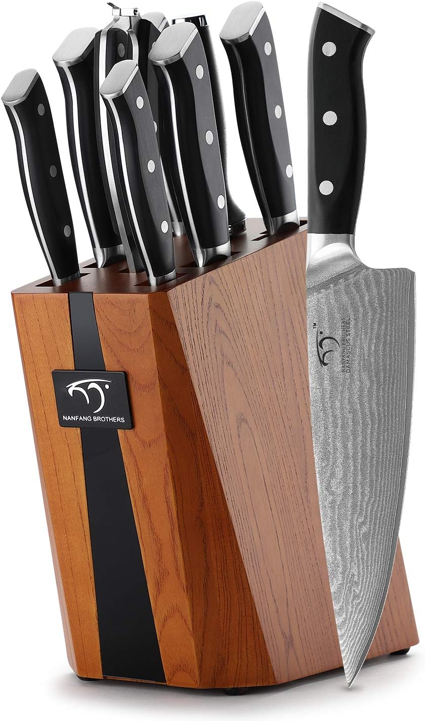 NANFANG BROTHERS Knife Sets for Kitchen with Block, Damasucs Kitchen Knife Sets 9 Pieces with Ergonomic Triple Rivet Handle, Kitchen Knives for Chopping, Slicing, Dicing & Cutting