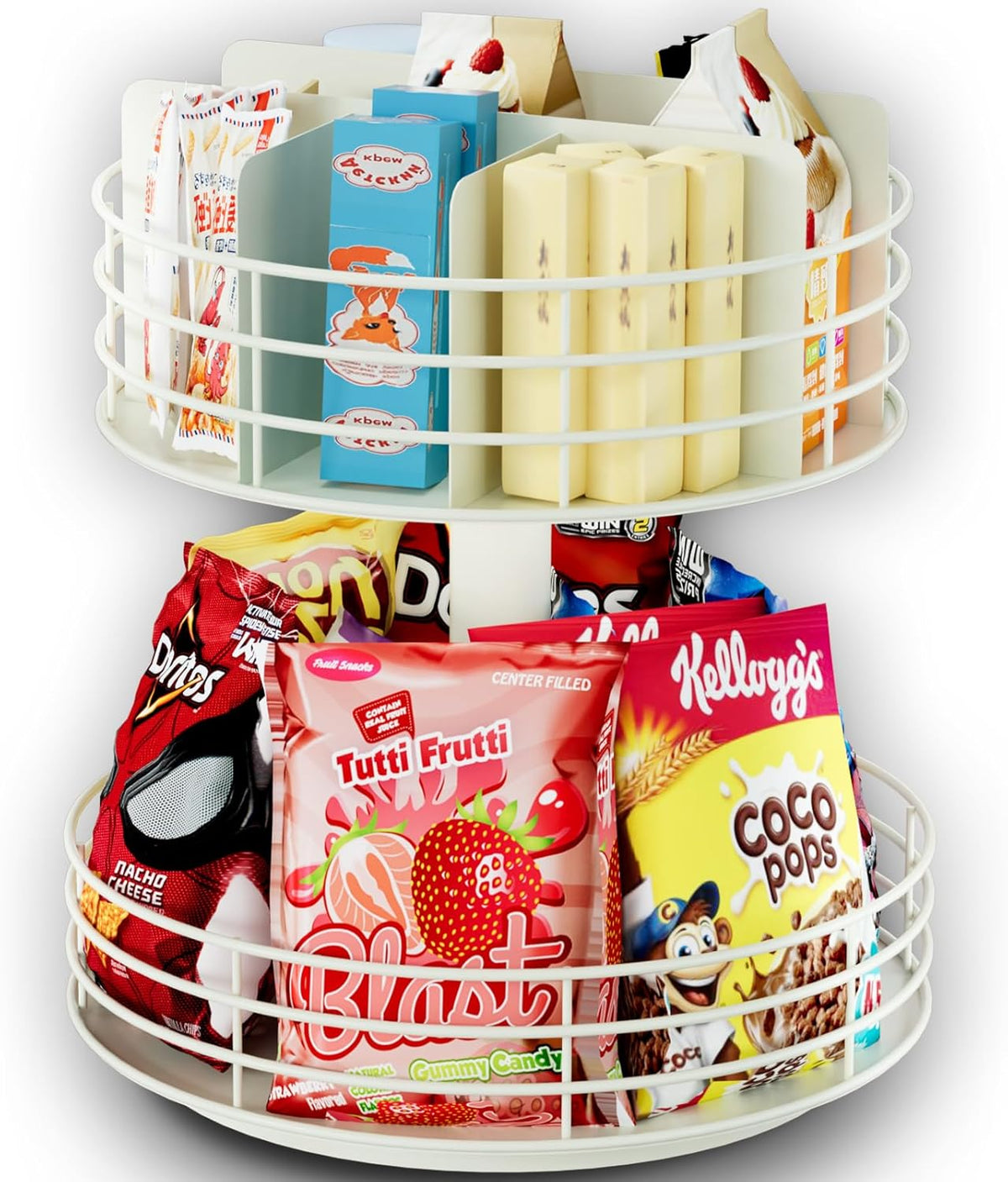 Snack Organizer - Versatile Snack Storage 2 Tier Lazy Susan with Convenient Grab-and-Go Design, Metal Snack Holder for Home, Office, Breakroom, 12.13" L x 12.13" W x 12.56" H (Matte White)