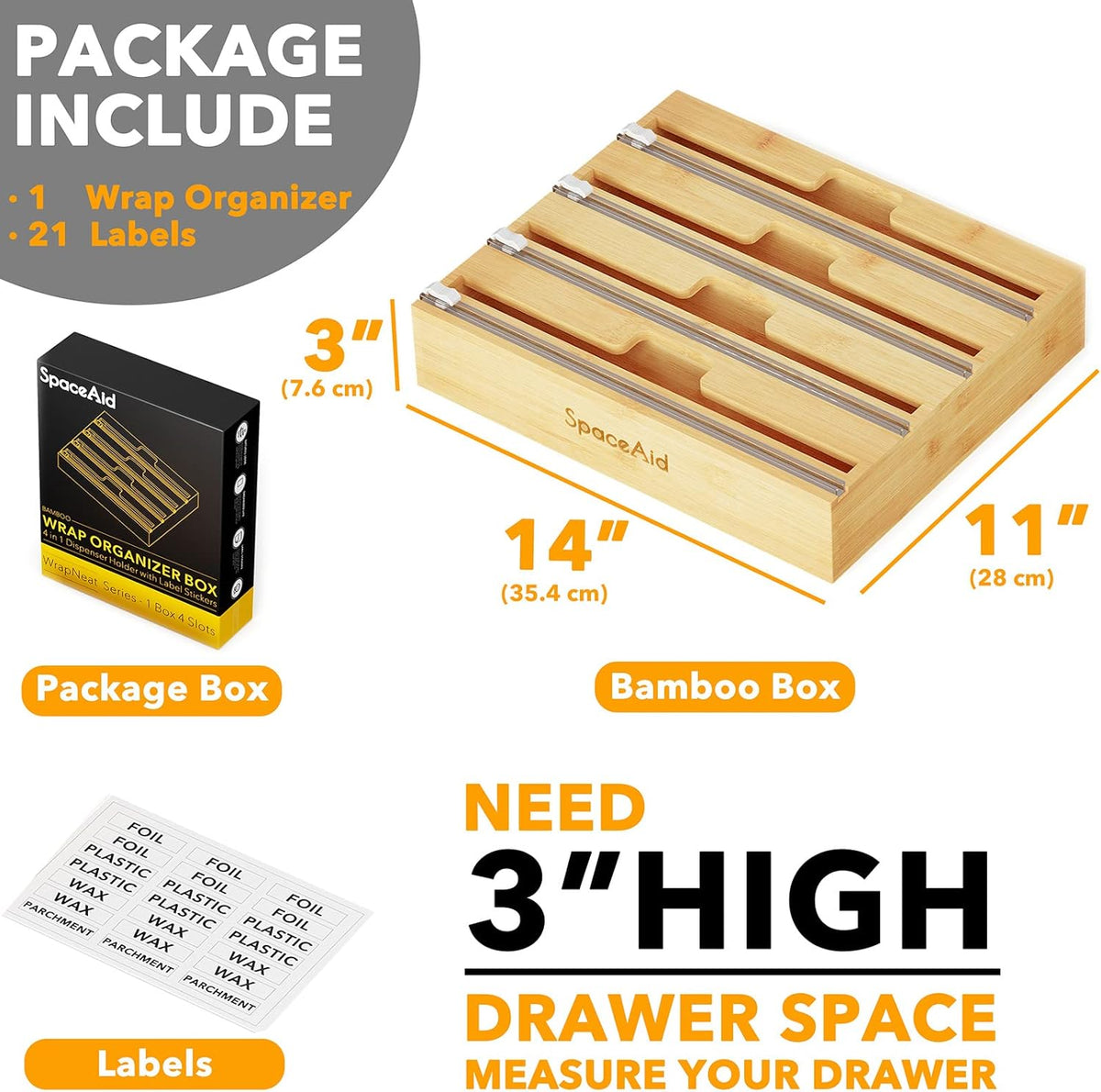 SpaceAid WrapNeat 4 in 1 Wrap Organizer with Cutter and Labels, Plastic Wrap, Aluminum Foil and Wax Bamboo Dispenser for Kitchen Storage Organization Holder for 12" Roll (Natural, 4-Slot)