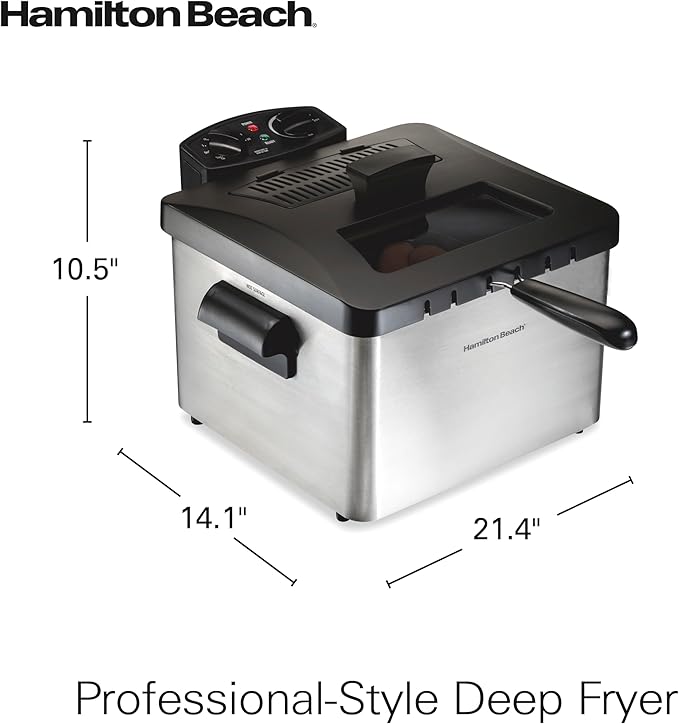 Hamilton Beach Electric Deep Fryer with 3 Baskets and Lid, 4.5 Liters / 19 Cups Oil Capacity, Temperature Control, View Window, Professional Style, 1800 Watts, Stainless Steel (35034)