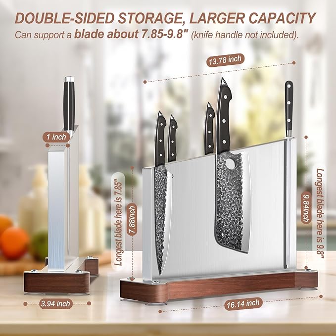 Large Magnetic Knife Block Holder Without Knives for Kitchen Counter, Stainless Steel Material Magnetic Knife Storage Stand Rack with Strong Double Sided Magnet and Wood Base - 16.15 x 11 Inches
