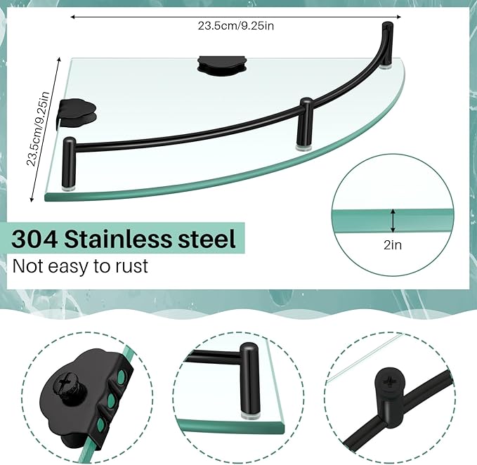 Crowye 2 Pcs Corner Shower Shelf 2-tier Glass Corner Shelf Stainless Steel Wall Mounted Bathroom Organizer for Storing Shower Gel Shampoo Brush, 9.25 Inches (Black)