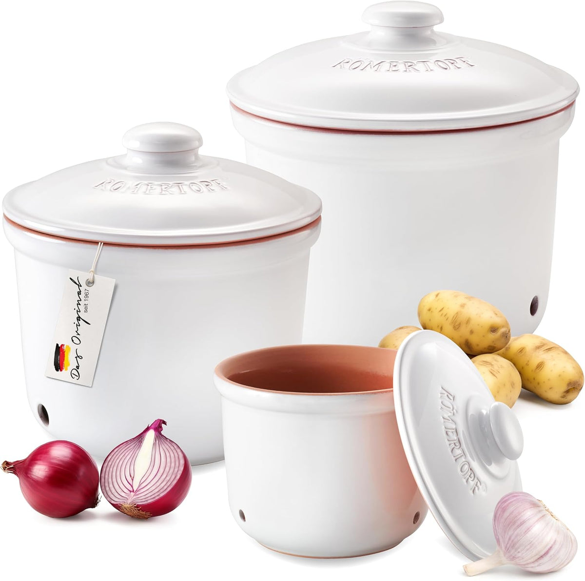 Romertopf Freshness Storage Potato Onion Garlic Clay Pot Set of 3 with Lids - White