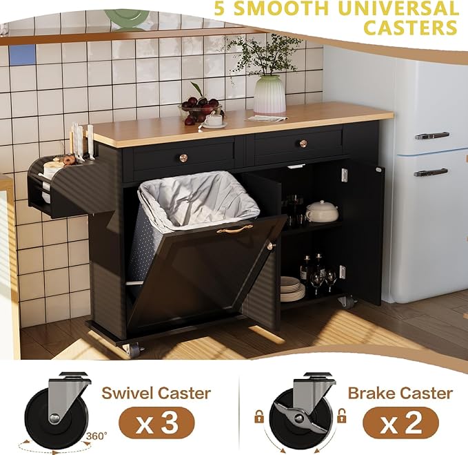60'' Rolling Kitchen Island with Drop Leaf, Storage Islands Cart with Tilt Out Trash Can Cabinet, Rubber Wood Tabletop, Knife Holder, Wheels, Black