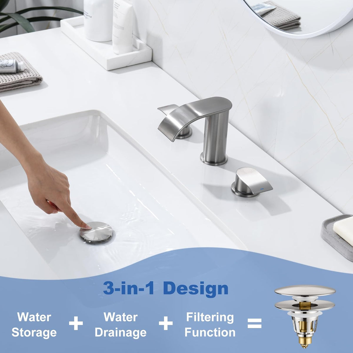 3-in-1 Universal Bathroom Sink Stopper - Brushed Nickel Pop Up Sink Drain Stopper, Brass Bounce Bullet Core Sink Stopper Replacement, Wash Basin Drain Filter Plug with Anti-Clogging Strainer