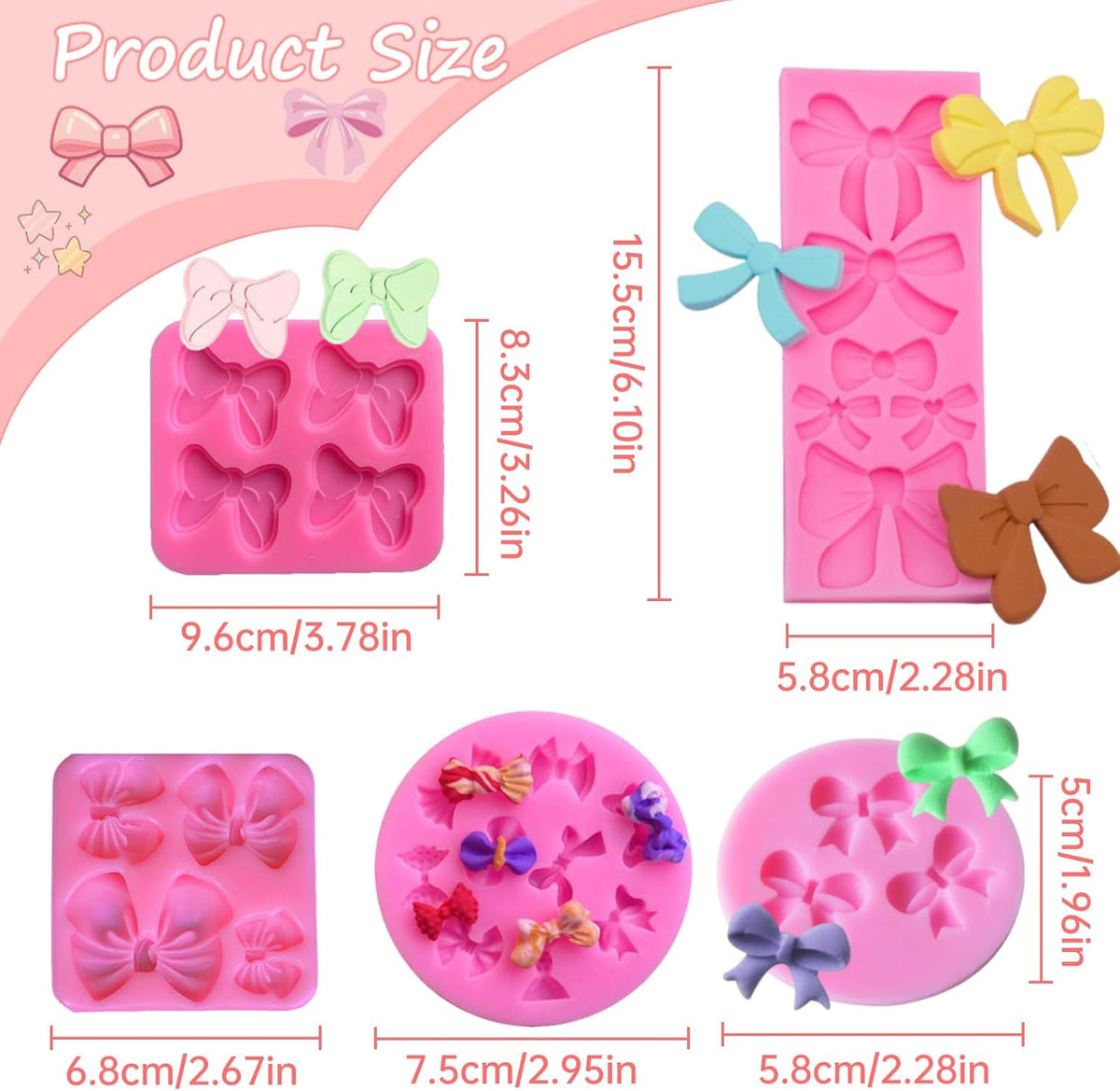 5 Pcs Bow Silicone Mold Fondant Bow Mold Chocolate Candy Cake Pop Molds Bow Molds for Wedding Birthday Party Dessert Cake Supplies Baking DIY