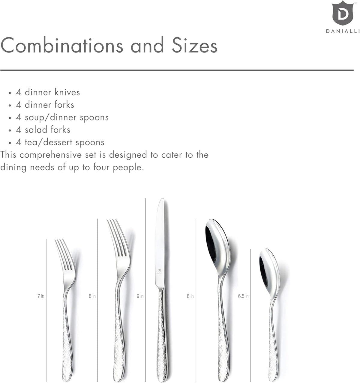 Hammered Silverware Set | Premium 18/10 Stainless Steel Flatware Service for 4 | Heavy-Duty & Dishwasher Safe | Built to Last (20-Piece, Fidenza Hammered)