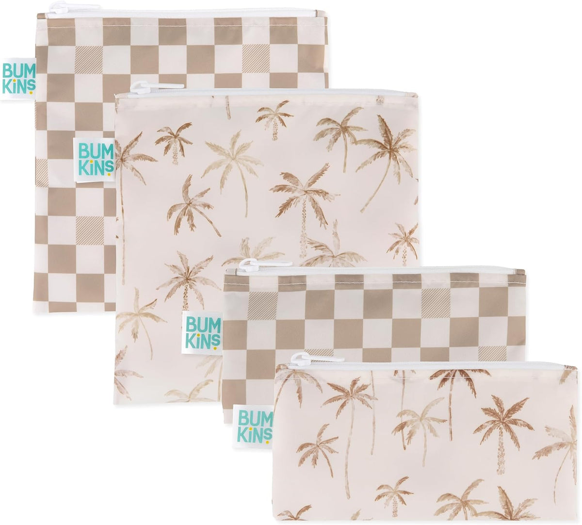 Bumkins -Cloth Snack & Sandwich Bags -For Storage, Travel, Food Prep, Lunch -Reusable, Water Resistant, Washable, Dishwasher Safe -Snack Bags for Kids -Zipper Closure -Beige Check & Palm Trees -4 Pack