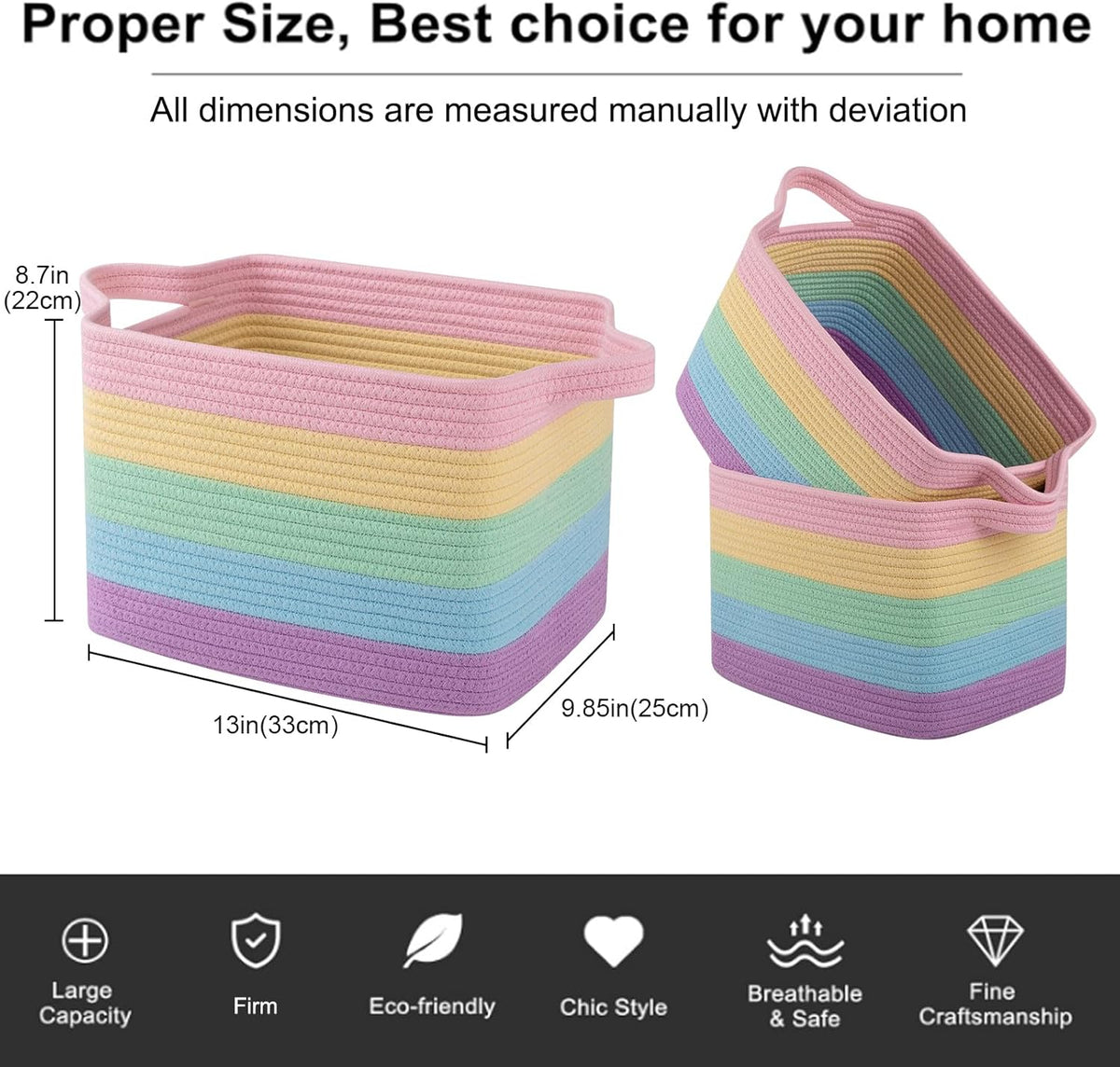 OIAHOMY Storage Basket, Woven Baskets for Storage, Cotton Rope Basket for toys,Towel Baskets for Bathroom - Pack of 3, Rainbow Pastel
