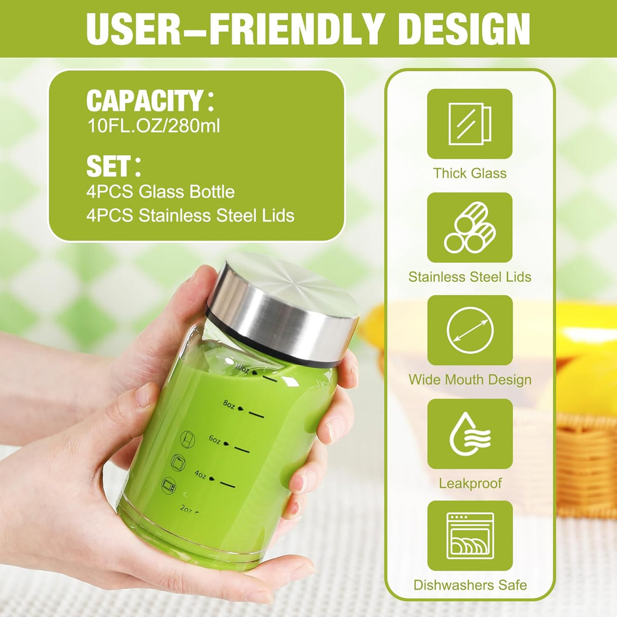 10oz Glass Juice Bottles – 4 Pack Reusable Wide Mouth Bottles with Stainless Steel Lids & Cleaning Brush, BPA-Free Water Bottles for Juicing, Smoothies, Milk, and Protein (300ml)