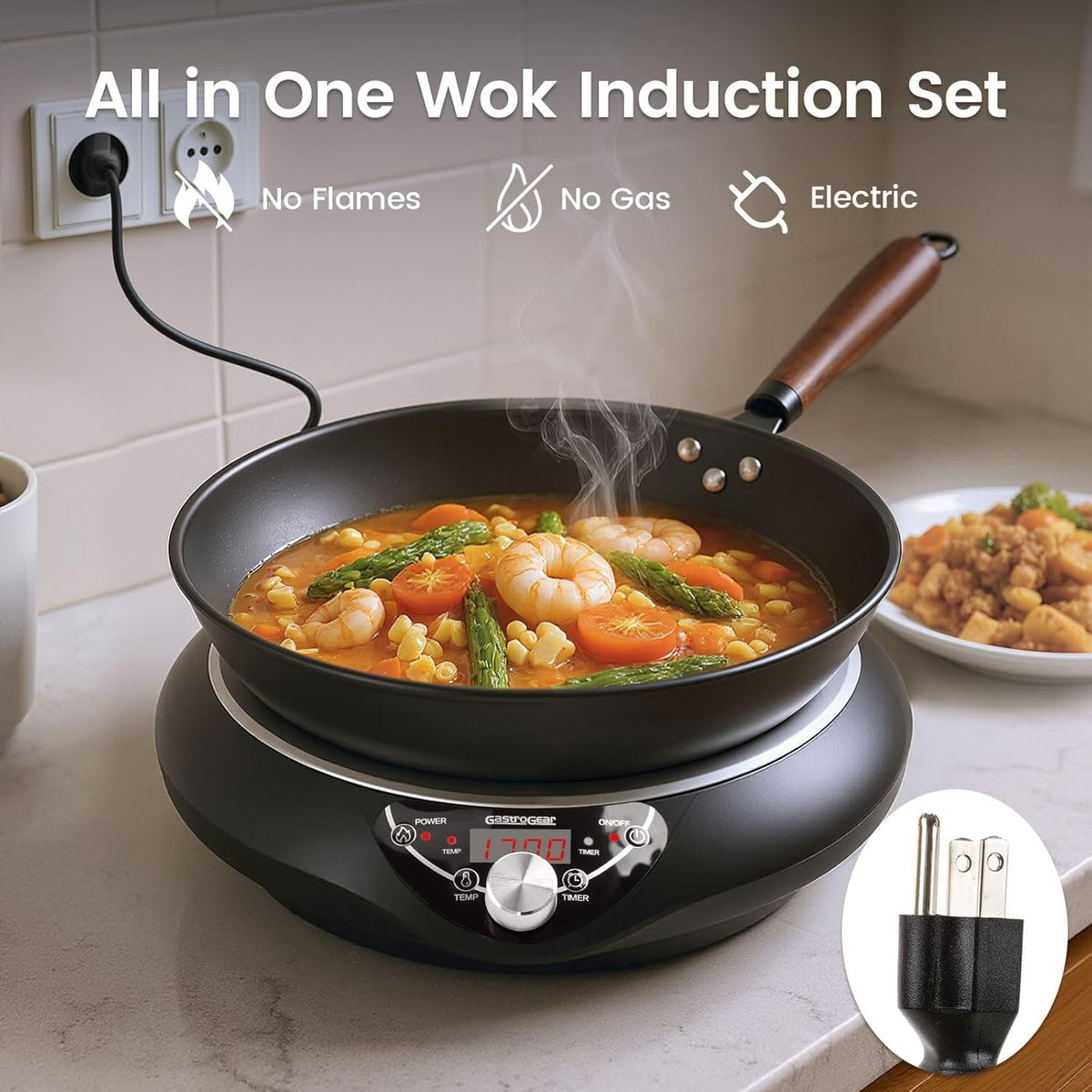 Induction Wok Cooktop, Induction Burner & Carbon Steel Wok with Lid, Rack, 16 Levels Power & Temprature Control, 18 Hours Timer, Auto-off Electric Wok 1700W (Black 110V~120V)