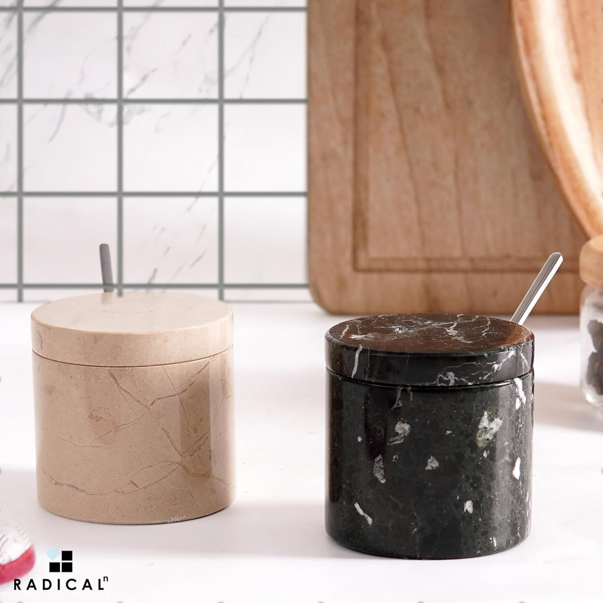 Radicaln Marble Salt Cellar With Lid and Tray 3" Inches Handmade Verona and Black Spice Jar For Kitchen Countertop, Ideal Set of 2 Salt bowl For Home