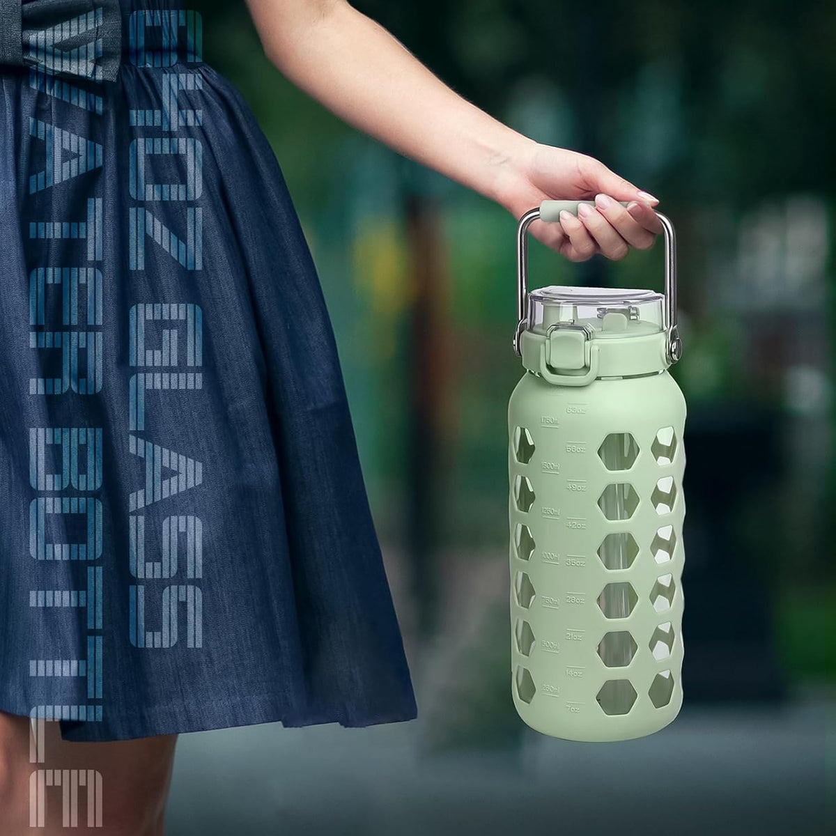 MUKOKO 64oz Glass Water Bottles with Straw and Lid,Half Gallon Water Bottle with Time Marker,Large Glass Water Jug with Silicone Sleeve and Stainless Steel Handle-Green